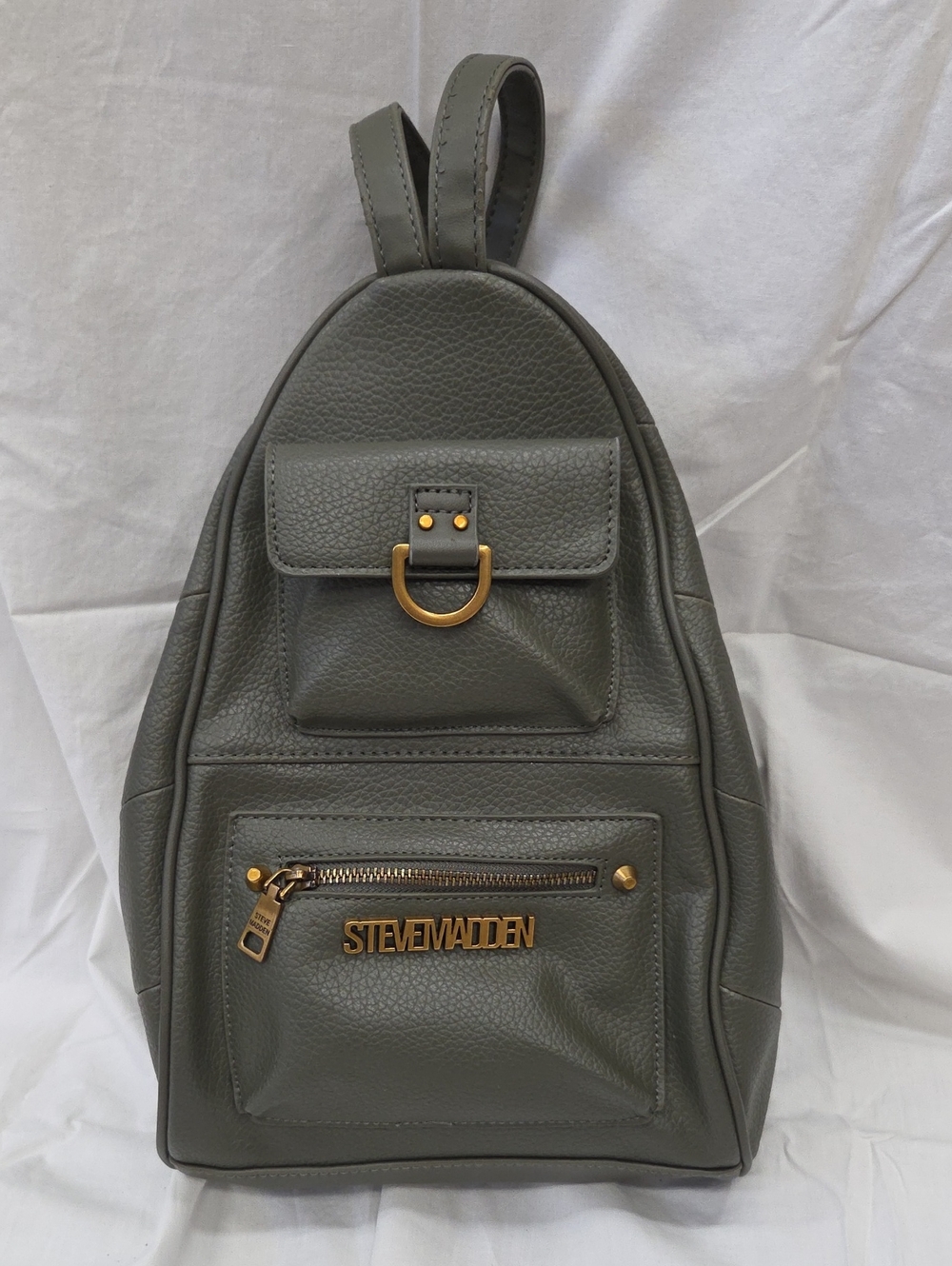 Steve Madden Olive Green Pebbled Leather Sling Backpack with Gold Hardware